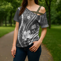 Samoa Siapo Tribal Pattern Cross Shoulder Shirt Light Gray Polynesian Plumeria Tapa Motif