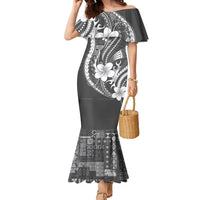 Samoa Siapo Tribal Pattern Family Matching Mermaid Dress and Hawaiian Shirt Light Gray Polynesian Plumeria Tapa Motif LT9 Mom's Dress Gray - Polynesian Pride