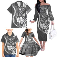 Samoa Siapo Tribal Pattern Family Matching Off The Shoulder Long Sleeve Dress and Hawaiian Shirt Light Gray Polynesian Plumeria Tapa Motif LT9 - Polynesian Pride