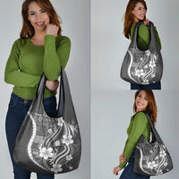 Samoa Siapo Tribal Pattern Grocery Bag Light Gray Polynesian Plumeria Tapa Motif