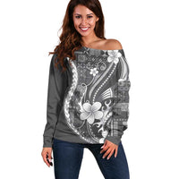 Samoa Siapo Tribal Pattern Off Shoulder Sweater Light Gray Polynesian Plumeria Tapa Motif