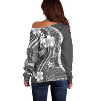 Samoa Siapo Tribal Pattern Off Shoulder Sweater Light Gray Polynesian Plumeria Tapa Motif
