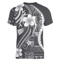 Samoa Siapo Tribal Pattern Women V-Neck T-Shirt Light Gray Polynesian Plumeria Tapa Motif