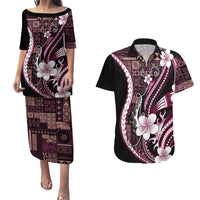 Samoa Siapo Tribal Pattern Couples Matching Puletasi and Hawaiian Shirt Violet Polynesian Plumeria Tapa Motif