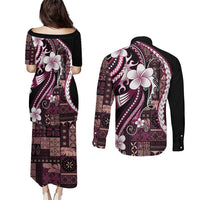 Samoa Siapo Tribal Pattern Couples Matching Puletasi and Long Sleeve Button Shirt Violet Polynesian Plumeria Tapa Motif