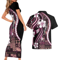Samoa Siapo Tribal Pattern Couples Matching Short Sleeve Bodycon Dress and Hawaiian Shirt Violet Polynesian Plumeria Tapa Motif LT9 - Polynesian Pride