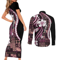 Samoa Siapo Tribal Pattern Couples Matching Short Sleeve Bodycon Dress and Long Sleeve Button Shirt Violet Polynesian Plumeria Tapa Motif