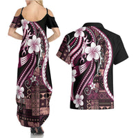 Samoa Siapo Tribal Pattern Couples Matching Summer Maxi Dress and Hawaiian Shirt Violet Polynesian Plumeria Tapa Motif