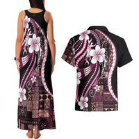 Samoa Siapo Tribal Pattern Couples Matching Tank Maxi Dress and Hawaiian Shirt Violet Polynesian Plumeria Tapa Motif