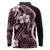Samoa Siapo Tribal Pattern Long Sleeve Polo Shirt Violet Polynesian Plumeria Tapa Motif