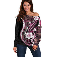 Samoa Siapo Tribal Pattern Off Shoulder Sweater Violet Polynesian Plumeria Tapa Motif