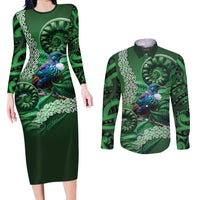Tui Bird Koru Silver Fern Aotearoa Couples Matching Long Sleeve Bodycon Dress and Long Sleeve Button Shirt