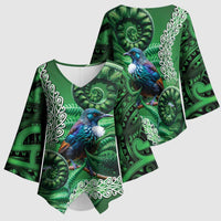 Tui Bird Koru Silver Fern Aotearoa Kimono Sleeve Blouse