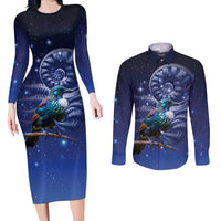 Tui Bird Matariki Galaxy Couples Matching Long Sleeve Bodycon Dress and Long Sleeve Button Shirt Koru Silver Fern Aotearoa