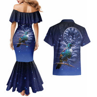 Tui Bird Matariki Galaxy Couples Matching Mermaid Dress and Hawaiian Shirt Koru Silver Fern Aotearoa
