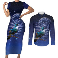 Tui Bird Matariki Galaxy Couples Matching Short Sleeve Bodycon Dress and Long Sleeve Button Shirt Koru Silver Fern Aotearoa