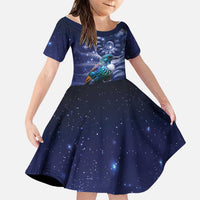 Tui Bird Matariki Galaxy Family Matching Off The Shoulder Long Sleeve Dress and Hawaiian Shirt Koru Silver Fern Aotearoa LT9 Daughter's Dress Galaxy - Polynesian Pride