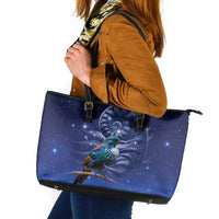 Tui Bird Matariki Galaxy Leather Tote Bag Koru Silver Fern Aotearoa