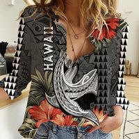 Hawaii Shark Tattoo Women Casual Shirt Polynesian Vintage Vibes LT9 Female Black - Polynesian Pride