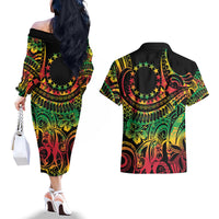 Cook Islands 15 Stars Couples Matching Off The Shoulder Long Sleeve Dress and Hawaiian Shirt Kuki Airani Polynesian Tribal Wave Tattoo LT9 - Polynesian Pride