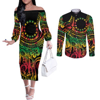 Cook Islands 15 Stars Couples Matching Off The Shoulder Long Sleeve Dress and Long Sleeve Button Shirt Kuki Airani Polynesian Tribal Wave Tattoo LT9 Reggae - Polynesian Pride