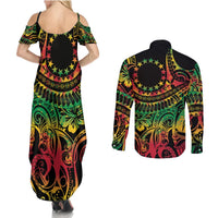 Cook Islands 15 Stars Couples Matching Summer Maxi Dress and Long Sleeve Button Shirt Kuki Airani Polynesian Tribal Wave Tattoo LT9 - Polynesian Pride