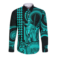 King Kamehameha Day Hawaii Long Sleeve Button Shirt Paradise of the Pacific Tribal Kakau with Kanaka Maoli - Turquoise LT9 Unisex Turquoise - Polynesian Pride