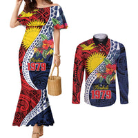 Flag of Kiribati Polynesian Pattern Couples Matching Mermaid Dress and Long Sleeve Button Shirt Est 1979 With Tropical Flowers