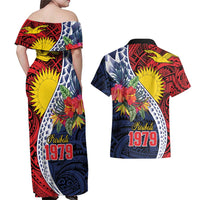 Flag of Kiribati Polynesian Pattern Couples Matching Off Shoulder Maxi Dress and Hawaiian Shirt Est 1979 With Tropical Flowers