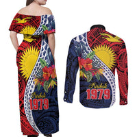 Flag of Kiribati Polynesian Pattern Couples Matching Off Shoulder Maxi Dress and Long Sleeve Button Shirt Est 1979 With Tropical Flowers
