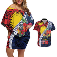Flag of Kiribati Polynesian Pattern Couples Matching Off Shoulder Short Dress and Hawaiian Shirt Est 1979 With Tropical Flowers
