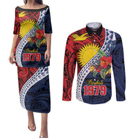 Flag of Kiribati Polynesian Pattern Couples Matching Puletasi and Long Sleeve Button Shirt Est 1979 With Tropical Flowers