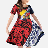 Flag of Kiribati Polynesian Pattern Family Matching Off The Shoulder Long Sleeve Dress and Hawaiian Shirt Est 1979 With Tropical Flowers