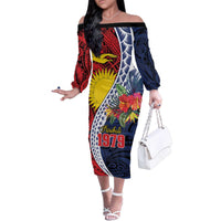 Flag of Kiribati Polynesian Pattern Family Matching Off The Shoulder Long Sleeve Dress and Hawaiian Shirt Est 1979 With Tropical Flowers