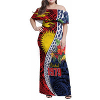 Flag of Kiribati Polynesian Pattern Family Matching Off Shoulder Maxi Dress and Hawaiian Shirt Est 1979 With Tropical Flowers