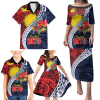 Flag of Kiribati Polynesian Pattern Family Matching Puletasi and Hawaiian Shirt Est 1979 With Tropical Flowers