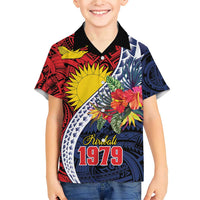 Flag of Kiribati Polynesian Pattern Family Matching Short Sleeve Bodycon Dress and Hawaiian Shirt Est 1979 With Tropical Flowers