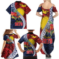 Flag of Kiribati Polynesian Pattern Family Matching Summer Maxi Dress and Hawaiian Shirt Est 1979 With Tropical Flowers
