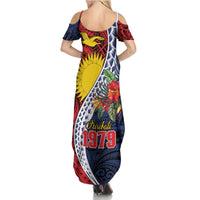 Flag of Kiribati Polynesian Pattern Family Matching Summer Maxi Dress and Hawaiian Shirt Est 1979 With Tropical Flowers