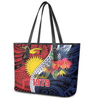 Flag of Kiribati Polynesian Pattern Leather Tote Bag Est 1979 With Tropical Flowers