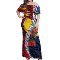 Flag of Kiribati Polynesian Pattern Off Shoulder Maxi Dress Est 1979 With Tropical Flowers