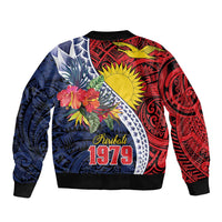 Flag of Kiribati Polynesian Pattern Sleeve Zip Bomber Jacket Est 1979 With Tropical Flowers