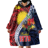 Flag of Kiribati Polynesian Pattern Wearable Blanket Hoodie Est 1979 With Tropical Flowers