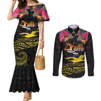Kiribati Independence Day Personalised Couples Matching Mermaid Dress and Long Sleeve Button Shirt Gold Frigatebird with Polynesian Pattern