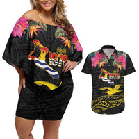Kiribati Independence Day Personalised Couples Matching Off Shoulder Short Dress and Hawaiian Shirt Gold Frigatebird with Polynesian Pattern