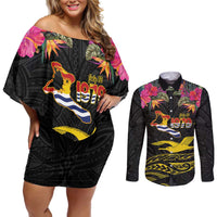 Kiribati Independence Day Personalised Couples Matching Off Shoulder Short Dress and Long Sleeve Button Shirt Gold Frigatebird with Polynesian Pattern