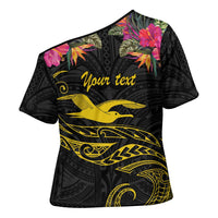 Kiribati Independence Day Personalised Cross Shoulder Shirt Gold Frigatebird with Polynesian Pattern - Polynesian Pride