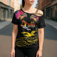 Kiribati Independence Day Personalised Cross Shoulder Shirt Gold Frigatebird with Polynesian Pattern - Polynesian Pride