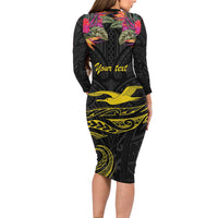 Kiribati Independence Day Personalised Family Matching Long Sleeve Bodycon Dress and Hawaiian Shirt Gold Frigatebird with Polynesian Pattern