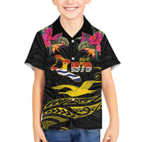 Kiribati Independence Day Personalised Family Matching Off The Shoulder Long Sleeve Dress and Hawaiian Shirt Gold Frigatebird with Polynesian Pattern